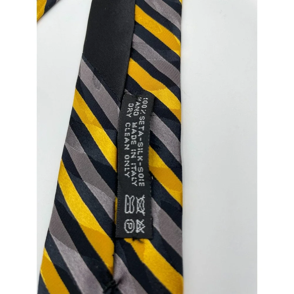 De Lisi New York Mens Silk Tie Yellow Grey Black Striped Hand Made Italy 3.75in